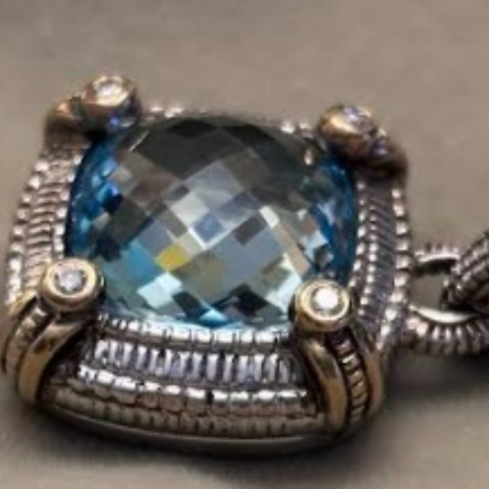 David Yurman Style, Gold Sterling and Blue Topaz & Diamond Pendant - Picture 4 of 6